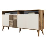 Credenza Bianco Crema Marrone Noce 2 Ripiani 4 Ante 160x35x78h cm, 6 Vani - Thuile