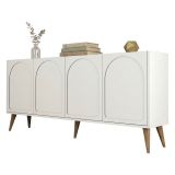 Credenza Bianco Crema Marrone Noce 2 Ripiani 4 Ante 180x35x81h cm, 4 Vani - Niscemi