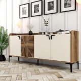 Credenza Bianco Crema Marrone Noce 2 Ripiani 4 Vani 180x35x78h cm, 4 Ante - Elini