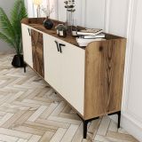 Credenza Bianco Crema Marrone Noce 2 Ripiani 4 Vani 180x35x78h cm, 4 Ante - Elini