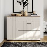 Credenza Bianco Crema Marrone Rovere 2 Ripiani 3 Cassetti 117x40x86h cm, Un'anta - Paro
