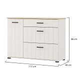 Credenza Bianco Crema Marrone Rovere 2 Ripiani 3 Cassetti 117x40x86h cm, Un'anta - Paro