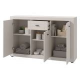 Credenza Bianco Crema Nero un Cassetto 3 Ripiani 147.5x41.5x91.5h cm, Apertura Battente e Scorrevole - Perca