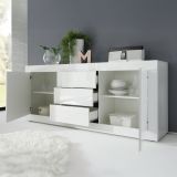 Credenza Bianco Lucido 2 Ripiani 3 Cassetti 210x42x85.8h cm, 4 Vani - Pasubio