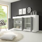 Credenza Bianco Lucido Grigio Cemento 2 Ripiani 4 Vani 160x42x85.8h cm, 3 Ante - Introbio