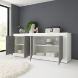 Credenza Bianco Lucido Grigio Cemento 2 Ripiani 4 Vani 207x43x86h cm, 4 Ante - Poli