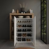 Credenza Bianco Lucido Marrone Rovere 6 Ripiani 9 Vani 109x30x138.5h cm, 2 Ante - Valmorea