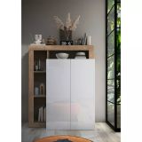 Credenza Bianco Lucido Marrone Rovere 6 Ripiani 9 Vani 109x30x138.5h cm, 2 Ante - Valmorea