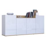 Credenza Bianco Lucido Marrone Rovere 6 Ripiani Apertura Battente 160x35x70h cm, 4 Ante Made in Italy - Swink