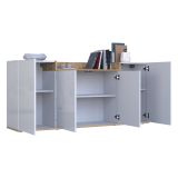 Credenza Bianco Lucido Marrone Rovere 6 Ripiani Apertura Battente 160x35x70h cm, 4 Ante Made in Italy - Swink
