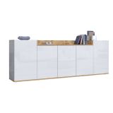 Credenza Bianco Lucido Marrone Rovere 7 Ripiani Apertura Battente 200x35x70h cm, 5 Ante Made in Italy - Cordele