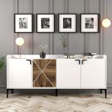 Credenza Bianco Marrone Noce 2 Ripiani 4 Ante 180x35x78h cm, 1 Anta Effetto Legno - Elini