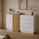 Credenza Bianco Marrone Rovere 4 Cassetti 2 Ripiani 160x45x94h cm, Apertura Battente, Scorrevole - Hadarari