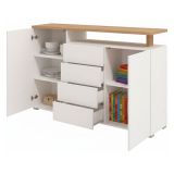 Credenza Bianco Marrone Rovere 4 Cassetti 4 Ripiani 154x40x94h cm, Apertura Battente e Scorrevole - Levate