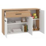 Credenza Bianco Marrone Rovere Nodi un Cassetto 2 Ripiani 119x33x80.5h cm, Apertura Battente e Scorrevole - Sanza