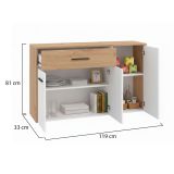 Credenza Bianco Marrone Rovere Nodi un Cassetto 2 Ripiani 119x33x80.5h cm, Apertura Battente e Scorrevole - Sanza