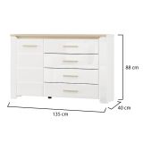 Credenza Bianco Opaco Marrone Rovere 2 Ripiani 4 Cassetti 135x40x88h cm, Un'anta - Bicheno