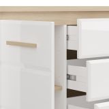 Credenza Bianco Opaco Marrone Rovere 2 Ripiani 4 Cassetti 135x40x88h cm, Un'anta - Bicheno