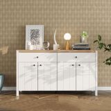 Credenza Bianco Opaco Marrone Rovere 3 Ripiani 2 Cassetti 163x40x92h cm, 4 Ante - Belve