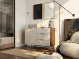 Credenza Canico, Madia da salotto con un'anta battente e tre cassetti, Rialzato da terra, 104x42 h75 cm, Noce e Beige