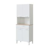 Credenza- Chandler, Mobile ausiliario da cucina, Credenza a 4 ante e 1 cassetto con ripiani, Armadio aperto, 72x40h186 cm, Bianco e Rovere