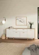 Credenza Claribel, Buffet da soggiorno, Madia da salotto, Dispensa da cucina, 39x196 h73 cm, Rovere e Bianco