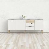 Credenza Claudette, Buffet da soggiorno, Madia da salotto, Dispensa da cucina, 195x39 h81 cm, Bianco e Quercia