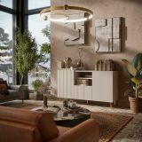 Credenza Coimbra, Madia da salotto con due ante battenti, un cassetto e due vani aperti, Design con effetto cannettato, 150x42 h82 cm, Beige