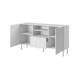 Credenza Coimbra, Madia da salotto con due ante battenti, un cassetto e due vani aperti, Design con effetto cannettato, 150x42 h82 cm, Bianco