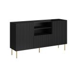 Credenza Coimbra, Madia da salotto con due ante battenti, un cassetto e due vani aperti, Design con effetto cannettato, 150x42 h82 cm, Nero