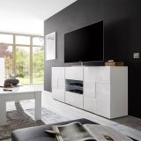 Credenza Comelico, Buffet da soggiorno, Madia da salotto, Dispensa da cucina, Made in Italy, 181x43 h84 cm, Bianco lucido
