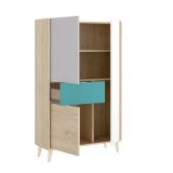 Credenza Duan, Buffet dispensa da soggiorno, Madia moderna da salotto a 3 ante, 81x43h137 cm, Bianco e Rovere