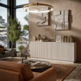 Credenza Elvas, Madia da salotto con quattro ante battenti, Design con effetto cannettato, 150x40 h78 cm, Beige