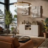 Credenza Ermesinde, Madia da salotto con due ante battenti, un cassetto e due vani aperti, Design con effetto cannettato, 150x40 h78 cm, Beige