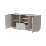 Credenza Ermesinde, Madia da salotto con due ante battenti, un cassetto e due vani aperti, Design con effetto cannettato, 150x40 h78 cm, Beige