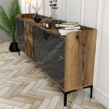 Credenza Erythros, Buffet da soggiorno, Madia da salotto, Dispensa da cucina, 180x35 h79 cm, Noce e Nero