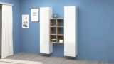Credenza Franco, Set da soggiorno a 2 ante e ripiani, Buffet da soggiorno, Madia da cucina, 100% Made in Italy, cm 140x30h180, Bianco lucido e Acero