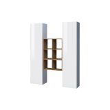 Credenza Franco, Set da soggiorno a 2 ante e ripiani, Buffet da soggiorno, Madia da cucina, 100% Made in Italy, cm 140x30h180, Bianco lucido e Acero