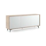 Credenza Fresia, Mobile buffet a 3 ante e 1 ripiano regolabile, Madia elegante da soggiorno, Mobile porta TV, 100% Made in Italy, 184x45h77 cm, Bianco e Rovere