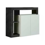 Credenza Ganna, Buffet da soggiorno, Madia da salotto, Dispensa da cucina, Made in Italy, 108x42 h93 cm, Bianco lucido e Ardesia