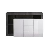Credenza Ganna, Buffet da soggiorno, Madia da salotto, Dispensa da cucina, Made in Italy, 146x42 h93 cm, Bianco lucido e Ardesia