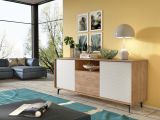 Credenza Garofano, Mobile buffet a 2 ante e 2 cassetti, Madia elegante da soggiorno, Mobile porta TV, 100% Made in Italy, 184x45h77 cm, Bianco e Rovere