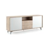 Credenza Garofano, Mobile buffet a 2 ante e 2 cassetti, Madia elegante da soggiorno, Mobile porta TV, 100% Made in Italy, 184x45h77 cm, Bianco e Rovere