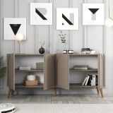 Credenza Grigio Tortora Marrone Noce 2 Ripiani 4 Ante 180x35x81h cm, 4 Vani - Niscemi