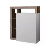 Credenza Gusana, Buffet da soggiorno, Madia da salotto, Dispensa da cucina, Made in Italy, 108x42 h127 cm, Bianco lucido e Acacia