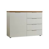 Credenza Harare, Buffet da soggiorno, Madia da salotto, Dispensa da cucina, Made in Italy, 120x43h89 cm, Bianco lucido e Rovere