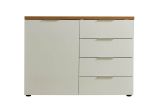 Credenza Harare, Buffet da soggiorno, Madia da salotto, Dispensa da cucina, Made in Italy, 120x43h89 cm, Bianco lucido e Rovere