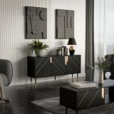Credenza Infesta, Madia da salotto con tre ante battenti e vani interni, Rialzata da terra, 154x40 h72 cm, Nero e Oro