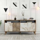 Credenza Kepler, Buffet da soggiorno, Madia da salotto, Dispensa da cucina, 160x35 h78 cm, Noce e Grigio