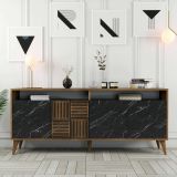 Credenza Kepler, Buffet da soggiorno, Madia da salotto, Dispensa da cucina, 180x35 h79 cm, Noce e Nero